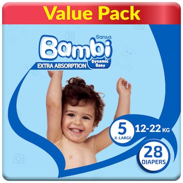 Sanita Bambi Diapers Extra Large Size 5 12-22kg Value Pack 28 Diapers