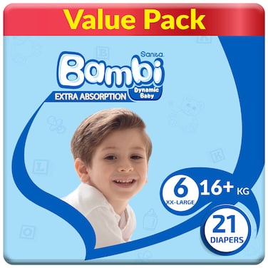 Sanita Bambi Baby Diapers Value Pack Size 6, XX-Large, +KG18, 21 Count