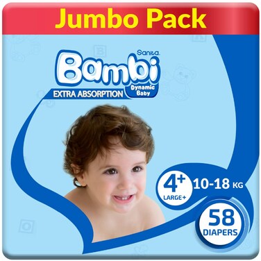 Sanita Bambi Diaper Size 4 Large+ (10-18kg) Jumbo Pack, 58 Diapers