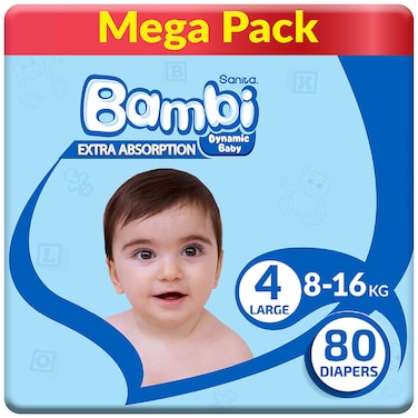 Sanita Bambi Baby Diapers Mega Pack Size 4, Large, 8-16 KG, 80 Count