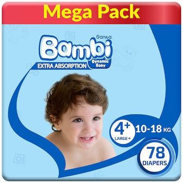 Sanita Bambi Baby Diapers Mega Pack Size 4+, Large plus, 10-18 KG, 78 Count