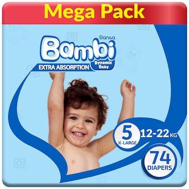 Sanita Bambi Baby Diapers Mega Pack Size 5, X-Large, 12-22 KG, 74 Count
