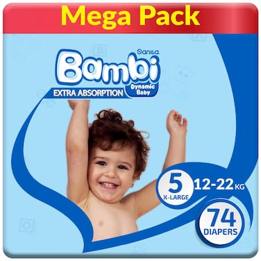 Sanita Bambi Baby Diapers Mega Pack Size 5, X-Large, 12-22 KG, 74 Count