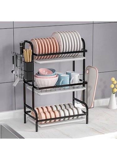VIO&reg; 3 Tier Dish Drying Rack with Utensil Plates Cutlery Knives Cutting Board Holder Drain Board Large Capacity 3 Level Dish Drainer Home Kitchen Countertop St Shelf Dryer Storage Organizer Black