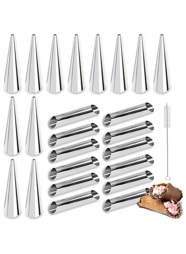 Cannoli Form Tubes, 24 pack 5 inch Screw Croissant Molds,Stainless Steel,Non-Stick,Cream Horn Roll Moulds Set,Tubular/Standing Cone Shaped,for Baking Danish Crisps,Desserts,Pastry,with Cleaning Brush