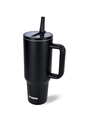 40 oz Water Bottle with Handle &amp; Flip Straw - Fits in Cup Holder, Leak Resistant Tumbler-Reusable Insulated Stainless Steel - Gifts for Women &amp; Men, Black