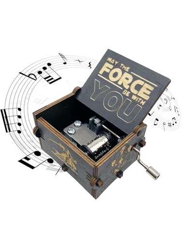 Music Box, Wooden Hand Crank Unique Musical Boxes Theme Starwars, Mini Antique Vintage Craft Laser Engraved Home Decorations for Wedding, Valentines, Birthday Gifts, Vintage Wooden (Black)