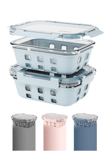Set of 2 Glass Food Storage Containers with Airtight Lids and Silicone Protection, Leakproof Food Organizer, Freezer, Dishwasher, Microwave Safe, Kitchen Organizer for Food (1050ml, Ice Blue)