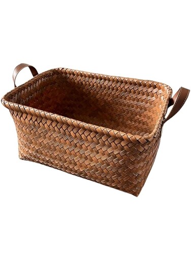 NOVOLAN Handwoven Storage Basket Sundry Storage Rack, Imitation Rattan Design, Vintage Luxury, Selected Pu Leather Handles, Good Breathability &amp; Moisture Resistance, For Snacks Toys &amp; More 38x28x20cm