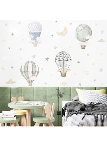 YIMEHDAN Watercolor Hot Air Balloon Wall Decals, Stars Clouds Balloon Vinyl Wall Stickers, Peel and Stick Colorful Artwork for Nursery Bedroom Toddler Room Playroom Decor