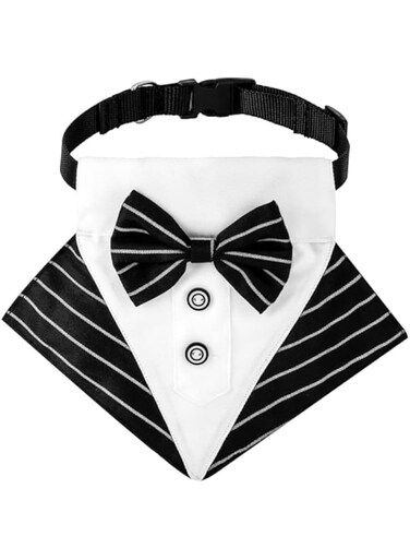 Dog Tuxedo, Dog Wedding Bandana Collar with Bow Tie, Adjustable Dog Tux Formal Dog Costumes for Small Medium Large Dogs (Black Stripe, M)