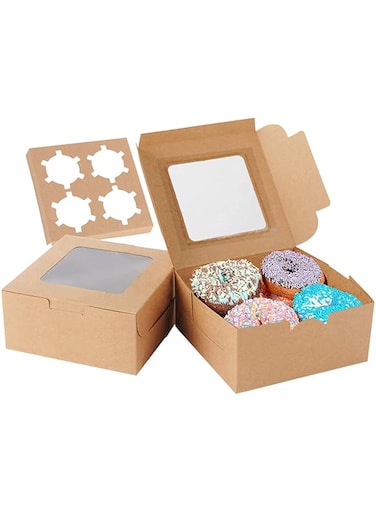 PUPU Cake Boxes 20Pack with Window and 20 Cavity Inserts in Brown Kraft Paperboard,Window Hold 4 Cupcakes, 6.3'' x 6.3'' x 3'',Brown Food Grade Kraft Cupcake Holder for Cookies, Muffins