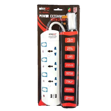 إليكسون وصلة كهرباء 3 مخارج مع منفذ USB 13 أمبير El-902S أبيض 3 متر