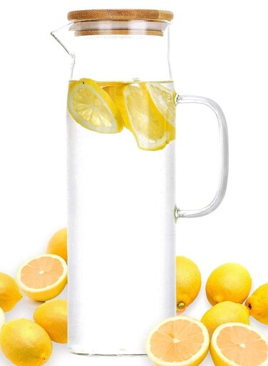 Pitcher with Bamboo Lid and Spout High Heat Resistance Borosilicate Glass Stovetop Safe Bottle Kettle Heat Resistant Carafe for Iced Tea Cold Brew Juice Lemonade (1.5L)