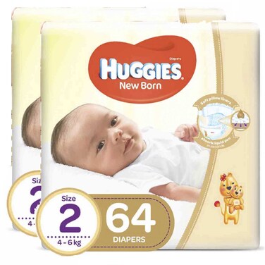 Huggies Extra Care Diapers Newborn Size 2 4-6kg 64 Diapers Jumbo Pack of 2