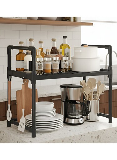 2 Tier Multi-Purpose Plastic Organizer Shelf with Steel Frame, Storage Rack with 4 Removable Hooks and Dual Handles for Kitchen Counter, Bathroom, or Living Room Decor