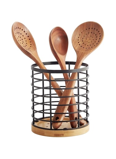WDT Tool Utensil holder for Kitchen Counter - 5.2" x 5.2" x 6" Large Round with Wooden Base Matte Black Cooking Utensil Holder Utensil Organizer (Metal+Bamboo)