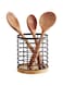 WDT Tool Utensil holder for Kitchen Counter - 5.2" x 5.2" x 6" Large Round with Wooden Base Matte Black Cooking Utensil Holder Utensil Organizer (Metal+Bamboo)