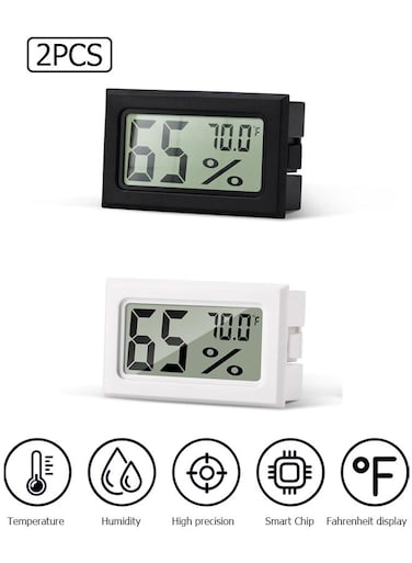 2 Pack Mini Hygrometer Indoor Humidity Meter, Mini Digital Thermometer Humidity Gauge Meter, Indoor Thermometer Hygrometer Monitor Fahrenheit for Reptile Thermostat, Jars Reptile, Fridge - White/Black