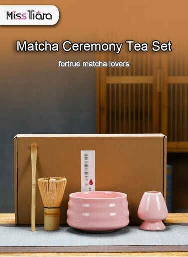 Matcha Set, Made With Natural Bamboo And Premium Quality Ceramic, Japanese 4 pieces set, Matcha Bowl with Spout, Bamboo Matcha Whisk, Matcha Scoop, Whisk Holder, Pink