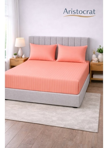 3-Piece Striped Microfiber Fitted Sheet Set Super King 200x200cm &acirc;&euro;&ldquo; Soft Elastic Deep Pocket 17cm Bedsheet with 2 Pillowcases 50x70cm, Peach Microfiber Peach 200x200+17cm