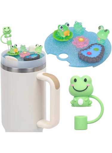 Cup Accessories Set For Stanley 40 Oz，1PCS Acrylic Cartoon 3D Ctereoscopic Frog Cup Cover, 1PCS Reusable Dustproof Straw Cover,Luminous Nameplate Lid Cap (Frog)