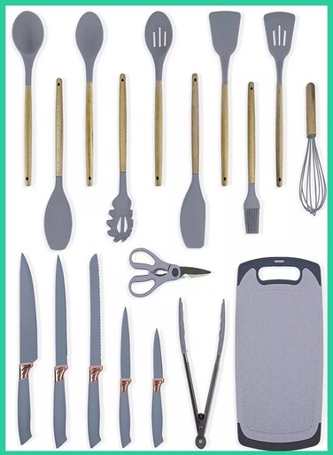 Houseware 19&acirc;&euro;&lsquo;Piece Premium Silicone Kitchen Utensil Spoon Set with Holder &acirc;&euro;&ldquo; Black, Heat&acirc;&euro;&lsquo;Resistant &amp; Non&acirc;&euro;&lsquo;Stick