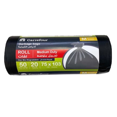 Carrefour Biodegradable Garbage Bags Black Medium 50 Gallon, 20 Bags