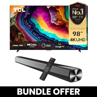 TCL 98-Inch 4K UHD TV &amp;amp;amp; Soundbar Bundle Dolby Vision, HDR10, AiPQ Engine 3.0, 120Hz Game Accelerator Immersive 2-Channel Sound, USB, HDMI, Bluetooth &amp;amp;amp; More - 98P745+SOUNDBAR