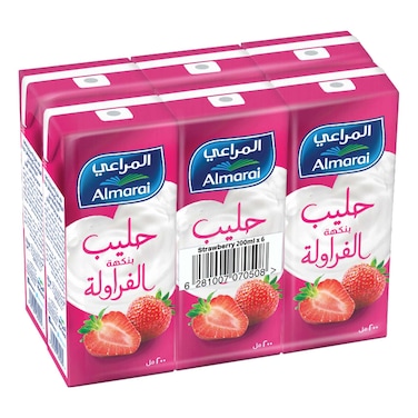 المراعي حليب  بنكهة الفراولة معقم بدرجة حرارة عالية، 200 ملل، عبوة من 6 قطع