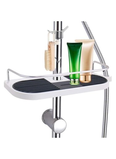 ANTOLE Bathroom Storage Shelf, Adjustable Shower Shelf No Punch Shelf Box Bathroom Lift Tray Multifunctional Soap Dish Shampoo Shower Gel Holder Snap-on Shower Accessories (18-25mm)