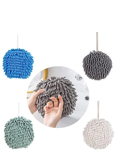 Microfiber Hand Towel Ball Fast Drying, Chenille Hand Towel Ball Absorbent Soft Towel Microfiber Hand Towels for Bathroom Kitchen Hand Drying Puff (Blue + White + Green + Grey, 4-Pack)