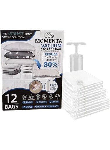 Momenta Vacuum Storage Bags Pack Of 12 (2 Small 60cmx40cm,2 Medium 70cmx50cm, 2 Large 80cmx60cm, 2 Jumbo 100cmx80cm, 4 Travel Roll-Up Bag) Space Saver Bags Vacuum Seal Bags &ndash; Hand Pump Included