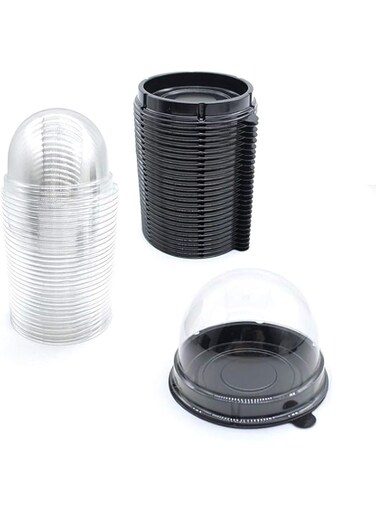 DELFINO Cake Box Cupcake Container 50 PCS Mooncake Boxes Clear Plastic Mini Muffin Pod Dome Muffin Single Cupcake Holders Individual Cupcake Containers Plastic Disposable (Black)