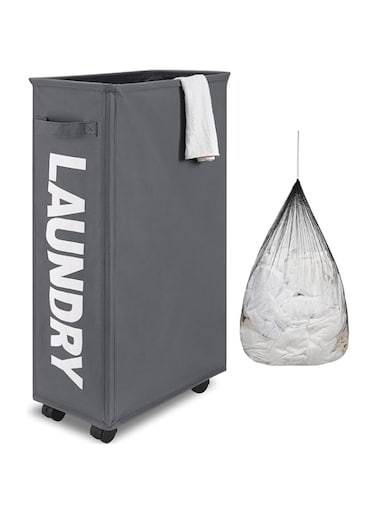YumLock Rolling Slim Laundry Basket on Wheels - Collapsible, Waterproof, and Portable - 42L Capacity - Tall &amp; Slim Design for Small Spaces, Home Corner Clothes Storage Bin, Grey