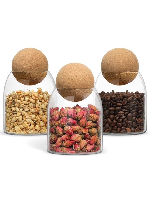 ComSaf 480 ml Storage Jars with Cork Lid, Set of 3 Glass with Cork Lid, Glass Storage Jars with Round Cork Stopper, Glass Container for Nuts, Flour, Sweets, Tea, Coffee