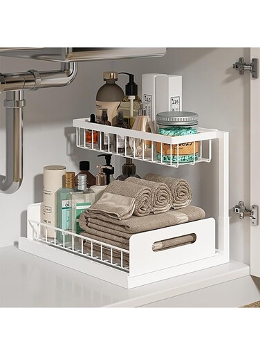Sink Organizer, Pull Out Cabinet Organizer 2 Tier Slide Out Sink Shelf Cabinet Storage Shelves, Under Sink Storage for Kitchen Bathroom Cabinet, White, 1 Pack