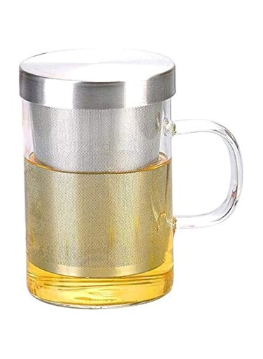 Clear Glass Tea Mug with Stainless Steel lid and Strainer, 450ml