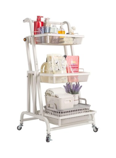3 Tier Adjustable Utility Cart Rolling Cart Storage Organizer with Wheels Handle Removable Storage Wire Baskets Metal Mesh Storage Shelf for Kitchen Bathroom Bedroom Office