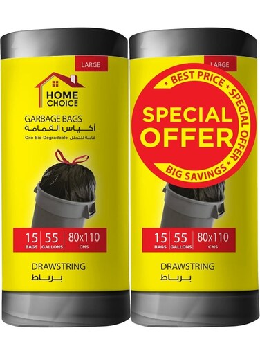 CHOICE 55 Gallons, Pack of 30-Pieces, Size 80*110 cm,(15 Trash Bags X 2 Rolls), Drawstring Garbage Bags Rolls, Bio-Degradable, Bin Liners with Ribbon Neck Tie