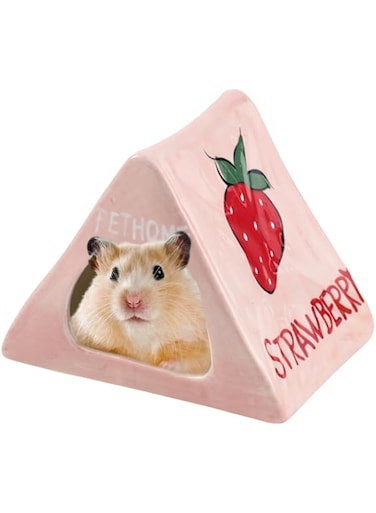 SUSOO Large Ceramic Hamster Hideout with Cute Strawberry Design, Four seasons Universal Hamster House for Small Animals, Easy to Clean Guinea Pig Hide Bed for Hamster Cage Accessories and Dwarf Toys