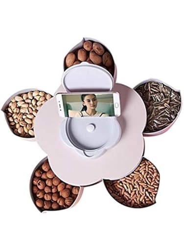 Better Look Flower Petal Fruit Plate Candy Storage Box 5 Grids Changeable Dry Fruit Nuts Snack Tray Rotating Organizer Accessories Tools