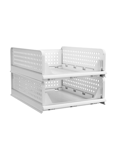 Stackable Plastic Storage Basket-Foldable Closet Organizers Storage Bins 2 Pack-Drawer Shelf Storage Container for Wardrobe Cupboard Kitchen Bathroom Office (2 Pack-S)