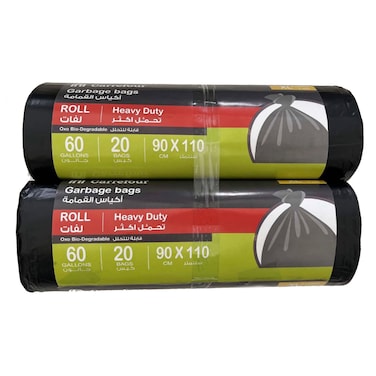 Carrefour Heavy Duty Garbage Bags Roll Black XL 60 Gallon, 20 Bags, Pack of 2