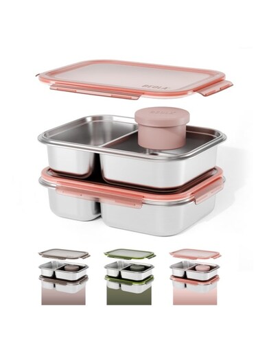 Stainless Steel Lunch Box, 2 Compartment Bento Box, BPA Free Tiffin with Lid, Leakproof Meal Container, Perfect as Snack Box (Set of 2, Blush Pink)
