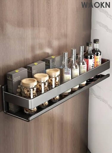 New Adhesive Wall-Mounted Seasoning Rack , No Punching Required Stainless Steel , Storage Shelves Wall Spice Jar Storage Rack , Kitchen Shelves For Kitchen And Bathroom , 50cm , unisex , grey.