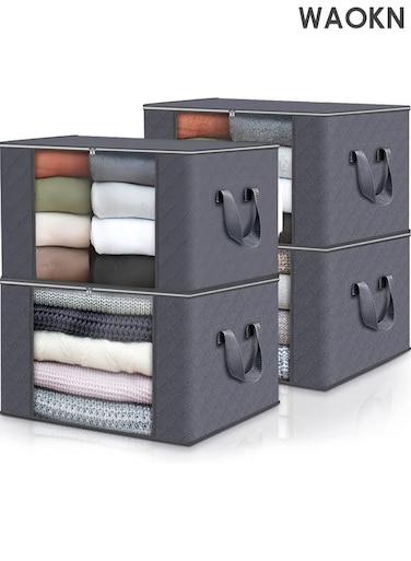 4-Piece Foldable Blanket Storage Bags Large Capacity Clothes Storage Box for Organizing Bedroom, Closet, Clothing, Sweater Organization Storage Containers with Lids and Handle, Clear Window 60&Atilde;&mdash;43&Atilde;&mdash;35cm(Grey)