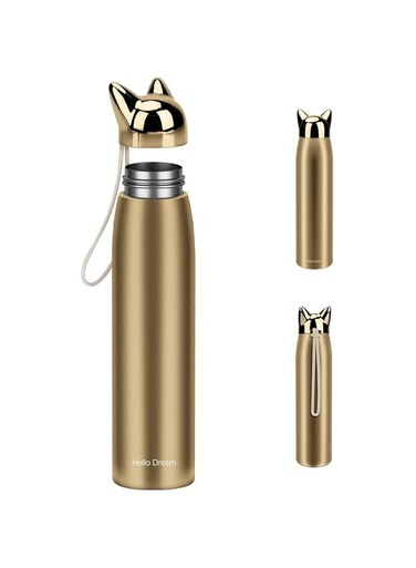 SYOSI Adorable Cat-Themed Stainless Steel Insulated Water Bottle, 320 ml/10.8 oz Leak-proof Travel Mug for Kids, Girls &amp; Women - Perfect for Hot &amp; Cold Drinks (Gold)