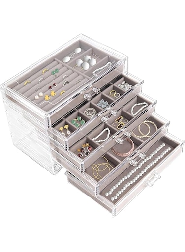 Baoly Acrylic Jewelry Organizer Box, Jewelry Organizer with 5 Drawers,Clear Earring Rings Bangle Bracelet Jewelry Storage and Display Box,Jewelry Storage Case for Girls Women (Grey)