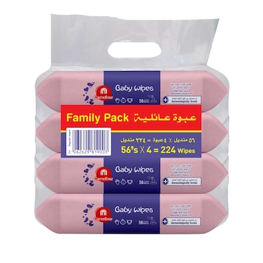 كارفور مناديل مبللة و معطرة للأطفال بالصبار56 منديلًا - أبيض، حزمة من 4